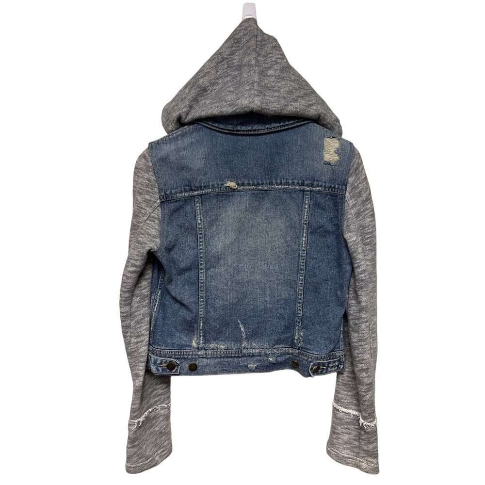 Free People Denim Knit Sleeve Hooded Hoodie Jacket Women's Size Small - Picture 3 of 10